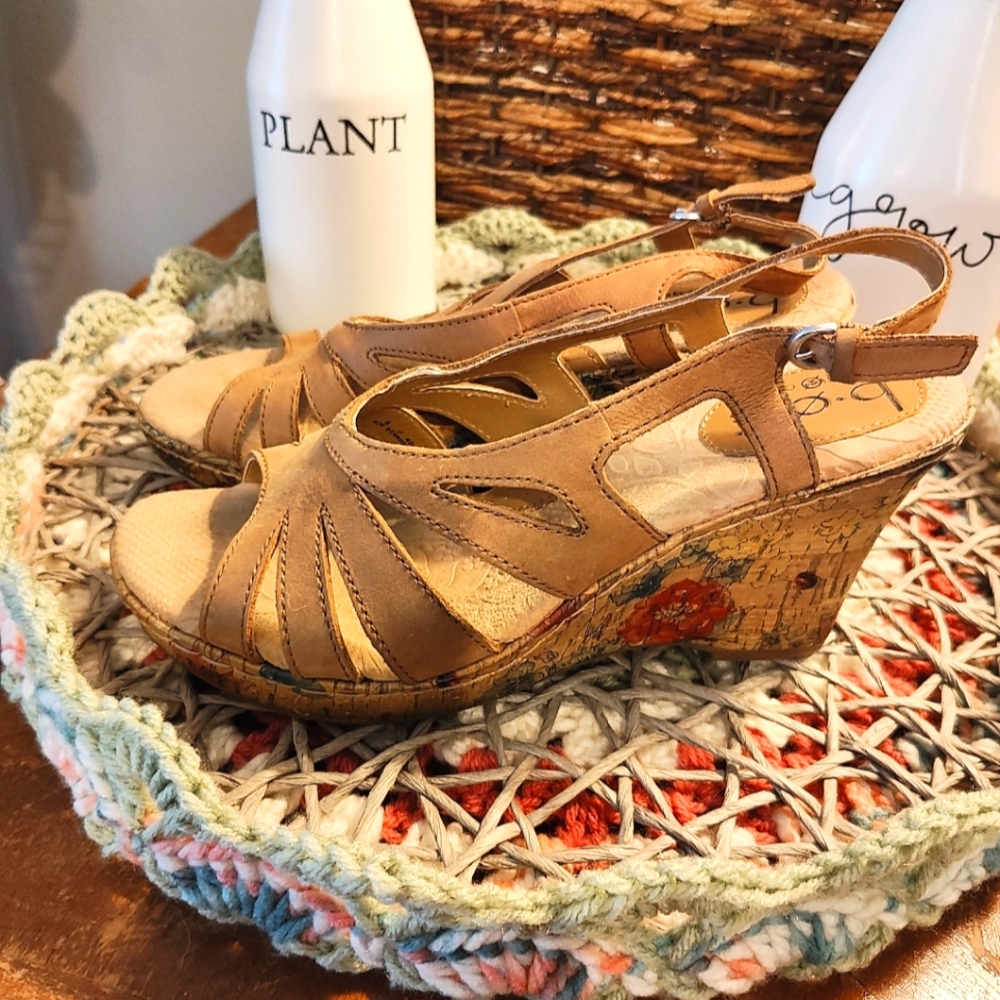 b.o.c. Tan Wedge Sandals with Intricate Straps